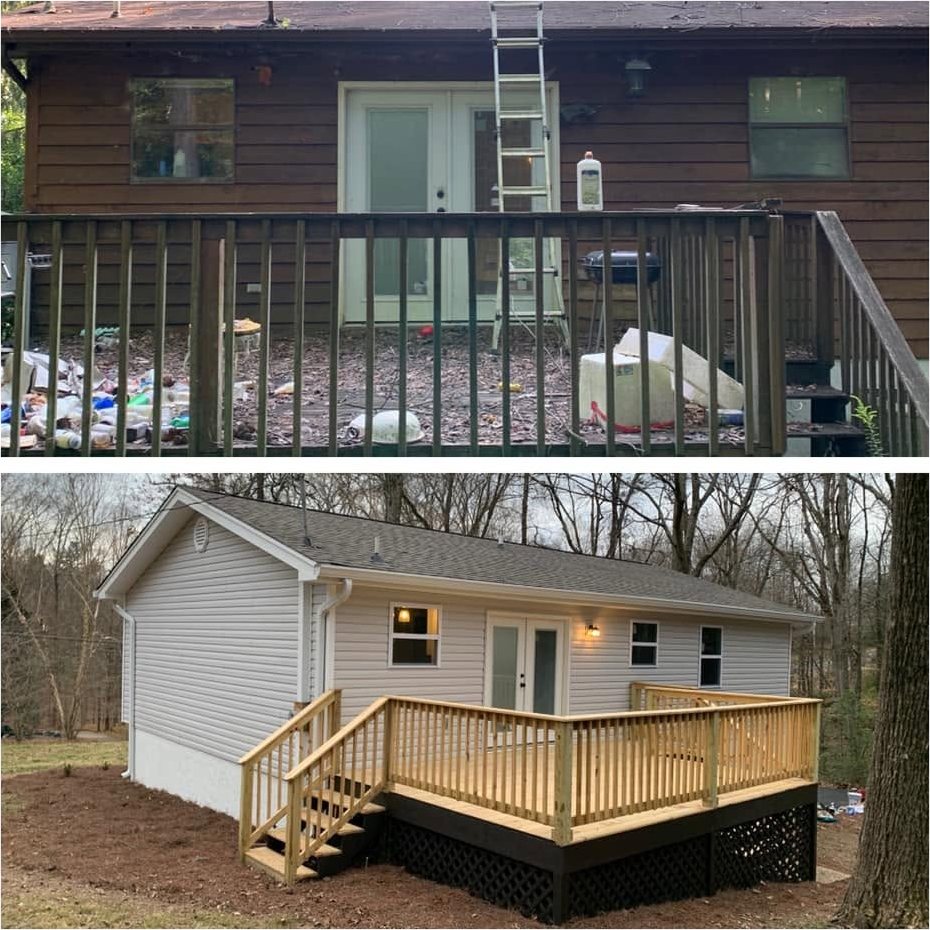 Before and after of a house's back deck. On top, a deck covered in trash, old dark wood siding and a ladder against the doors. Below, the finished house with new gray siding, a new roof and a new wooden deck.